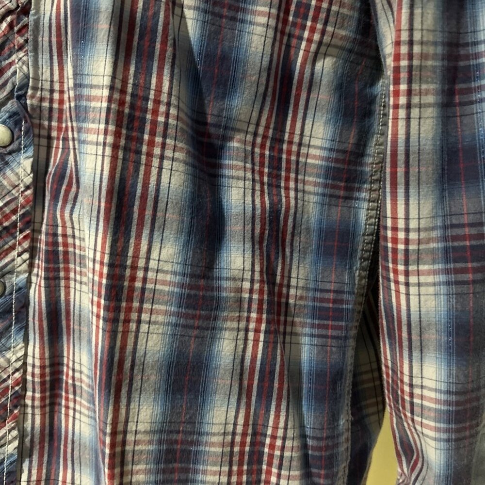 VTG Lucky Brand Western Shirt Womens M Cowgirl Pearl Snap Plaid Tiger Patch - Picture 4 of 16